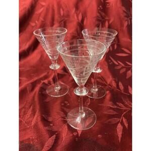 Set of 3 Etched Crystal Cocktail Glasses